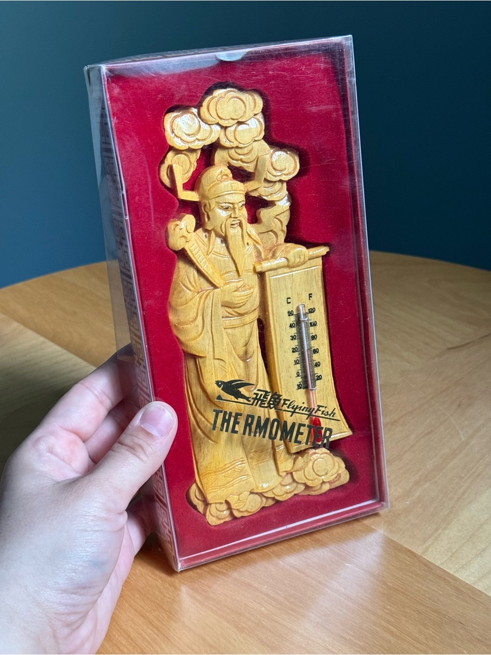 Vintage Wall Hanging Wood Carved Home Thermometer Shanghai No117 by Flying Fish